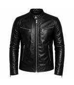 Men's genuine black leather biker jacket street style