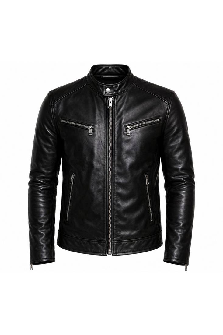 Men's genuine black leather biker jacket street style