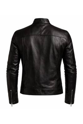 Men's genuine black leather biker jacket street style 2
