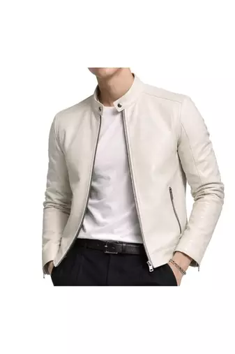 Men's white leather timeless style real genuine biker jacket