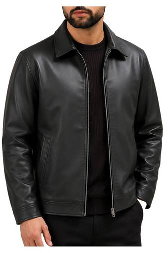 Men's black genuine leather casual style daily wear jacket