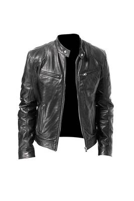 Men's black genuine leather biker minimal design jacket 1