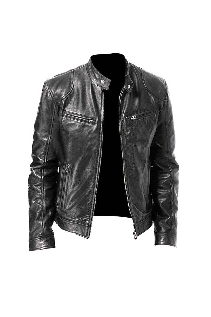 Men's black genuine leather biker minimal design jacket