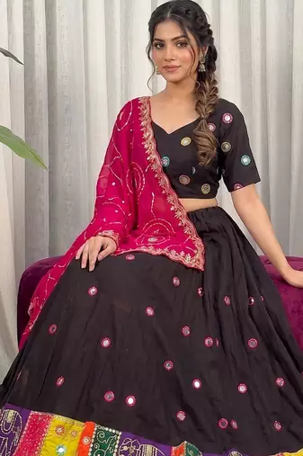 Traditional Black Navratri Lehenga Choli with Mirror Work and Contrast Rani Pink Dupatta