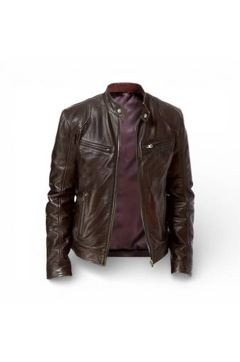 Men's brown leather premium quality moto biker jacket