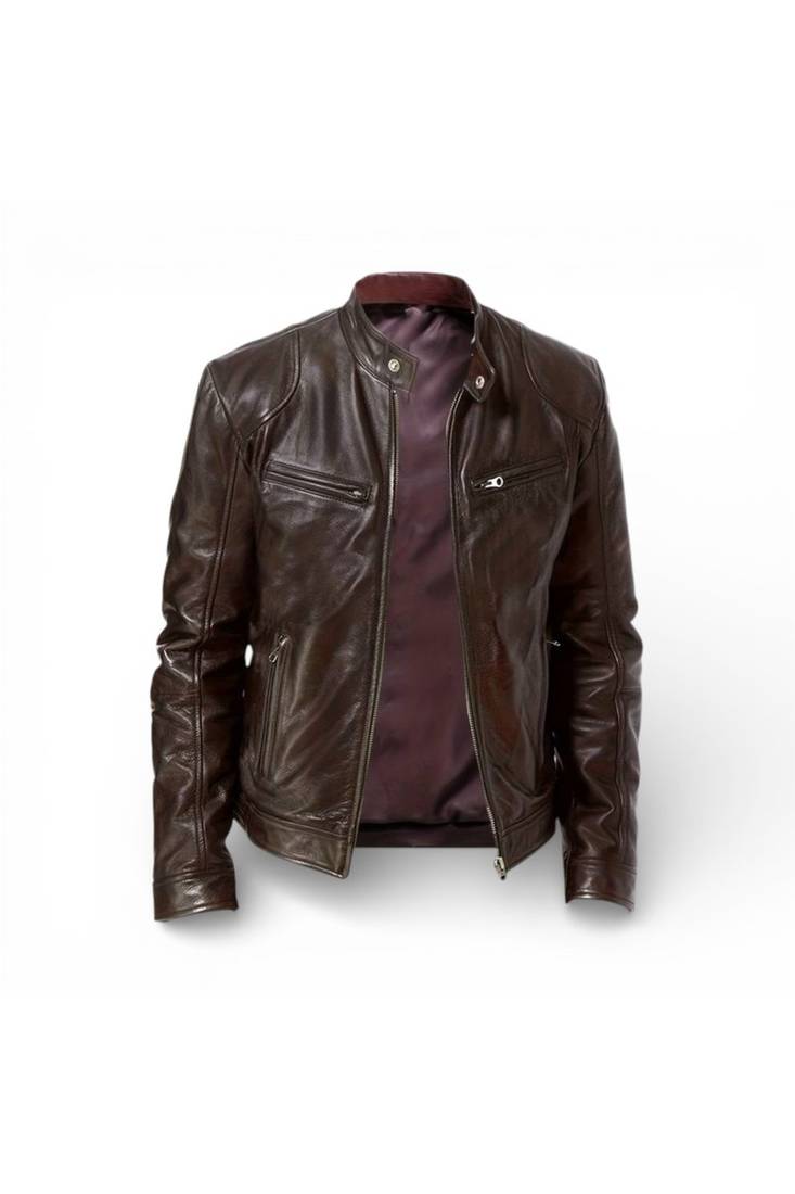 Men's brown leather premium quality moto biker jacket