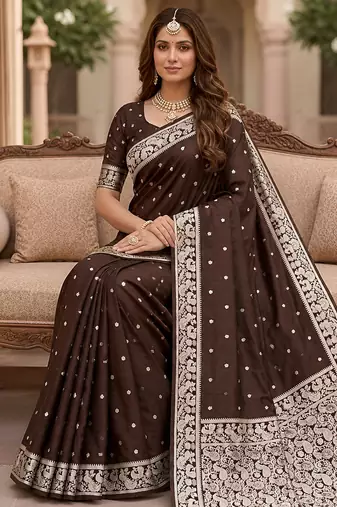Cofee soft silk blend saree with zari weaving meenakari design