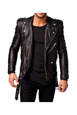 Men's genuine leather belted designer style black biker jacket 1