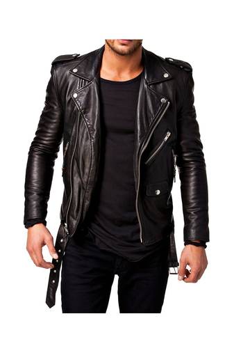 Men's genuine leather belted designer style black biker jacket