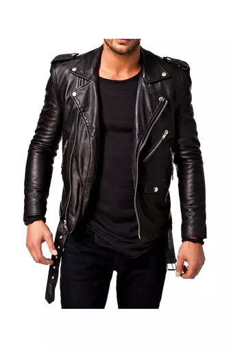 Men's genuine leather belted designer style black biker jacket