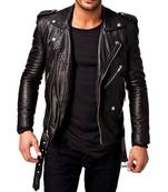 Men's genuine leather belted designer style black biker jacket