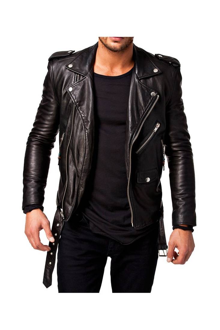 Men's genuine leather belted designer style black biker jacket