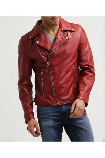 Men's red leather real genuine daily wear biker jacket