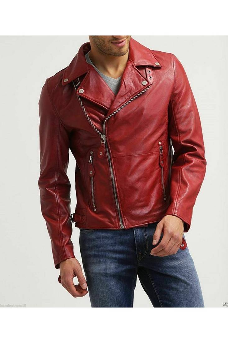 Men's red leather real genuine daily wear biker jacket
