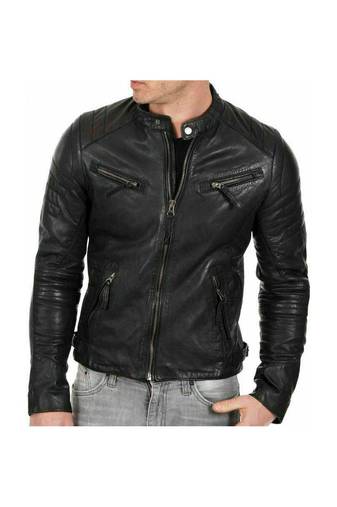 Men's black leather genuine classic design biker jacket