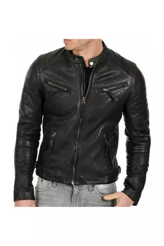 Men's black leather genuine classic design biker jacket