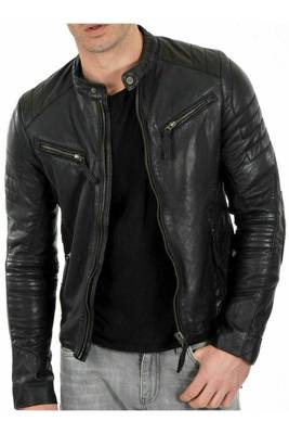 Men's black leather genuine classic design biker jacket 2
