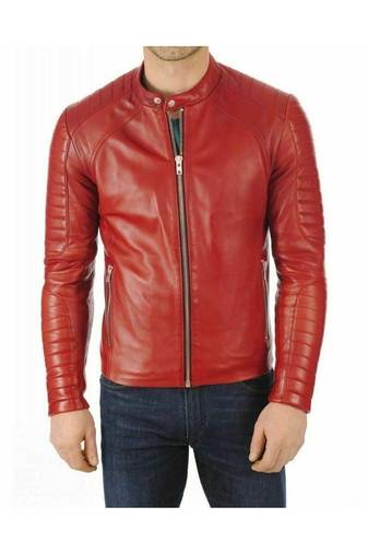 Men's red leather genuine lambskin premium finish biker jacket