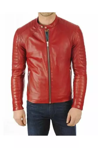 Men's red leather genuine lambskin premium finish biker jacket