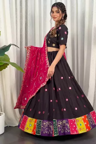 Traditional Black Navratri Lehenga Choli with Mirror Work and Contrast Rani Pink Dupatta
