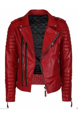 Men's red leather biker jacket real genuine casual style 1