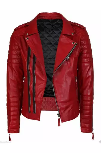 Men's red leather biker jacket real genuine casual style