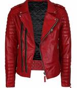 Men's red leather biker jacket real genuine casual style