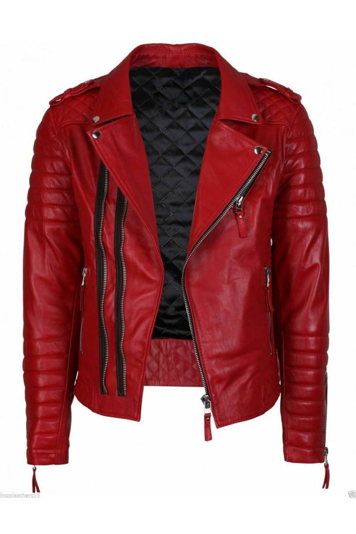 Men's red leather biker jacket real genuine casual style
