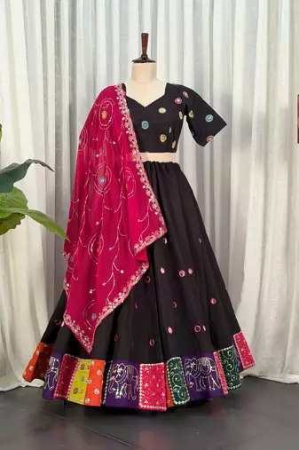 Traditional Black Navratri Lehenga Choli with Mirror Work and Contrast Rani Pink Dupatta