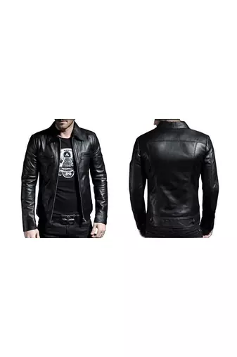 Men's leather black biker jacket modern fit genuine style