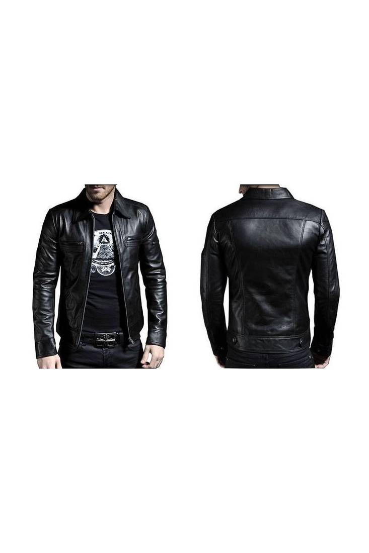 Men's leather black biker jacket modern fit genuine style