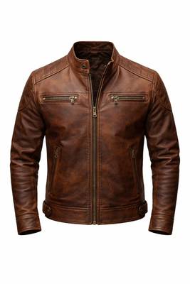 Men's brown genuine leather tailored look vintage biker jacket 1