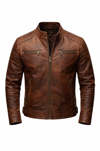 Men's brown genuine leather tailored look vintage biker jacket