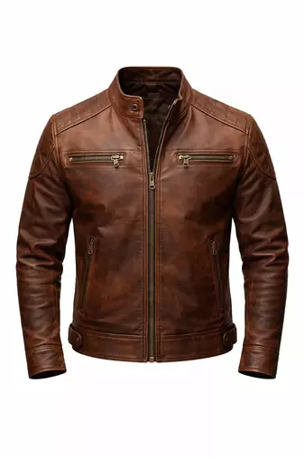 Men's brown genuine leather tailored look vintage biker jacket