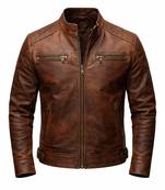 Men's brown genuine leather tailored look vintage biker jacket