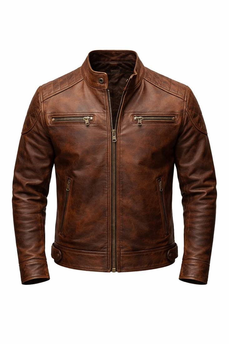 Men's brown genuine leather tailored look vintage biker jacket