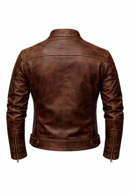 Men's brown genuine leather tailored look vintage biker jacket 2