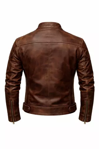 Men's brown genuine leather tailored look vintage biker jacket