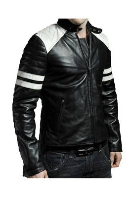 Men's black genuine leather timeless style strip style biker jacket 1
