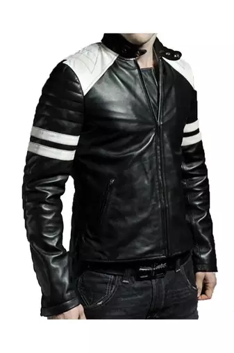 Men's black genuine leather timeless style strip style biker jacket