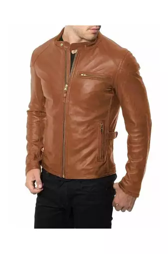 Men's tan leather minimal design real genuine biker jacket