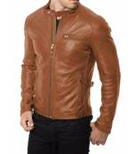 Men's tan leather minimal design real genuine biker jacket