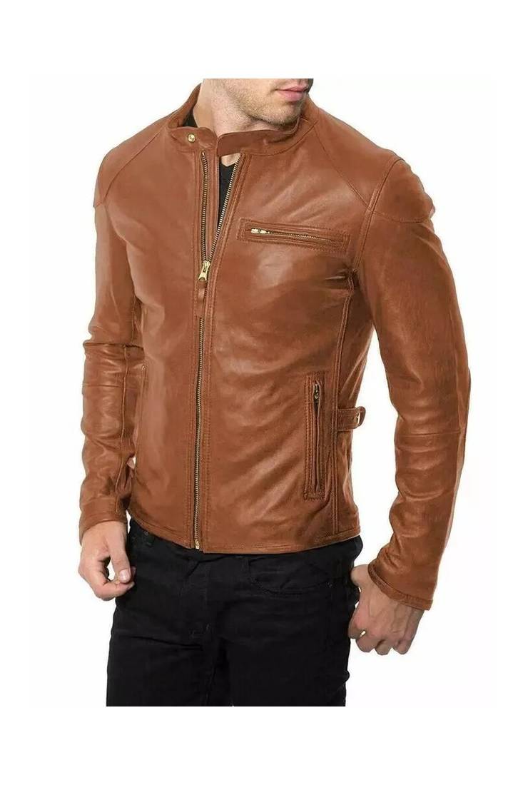 Men's tan leather minimal design real genuine biker jacket