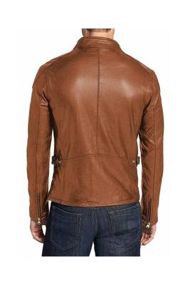 Men's tan leather minimal design real genuine biker jacket 2