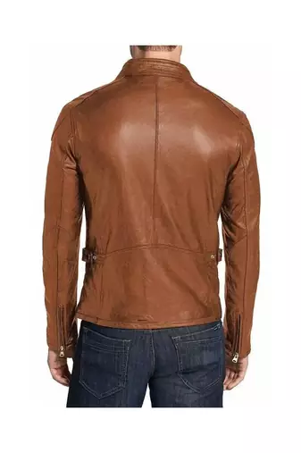 Men's tan leather minimal design real genuine biker jacket
