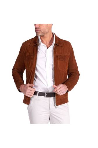 Men's brown suede leather genuine smart casual biker jacket