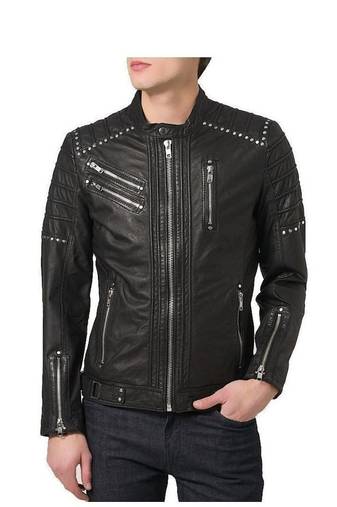 Men's black leather genuine iconic look biker jacket