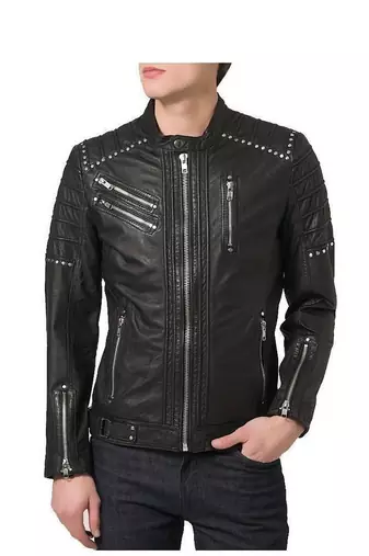 Men's black leather genuine iconic look biker jacket