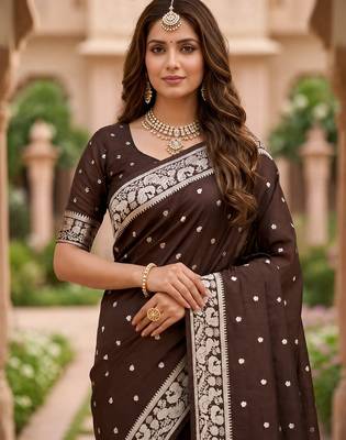 Cofee soft silk blend saree with zari weaving meenakari design 4