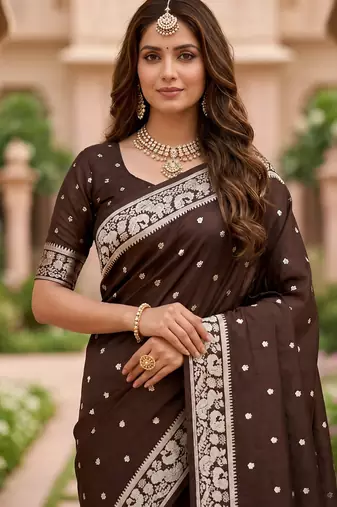 Cofee soft silk blend saree with zari weaving meenakari design